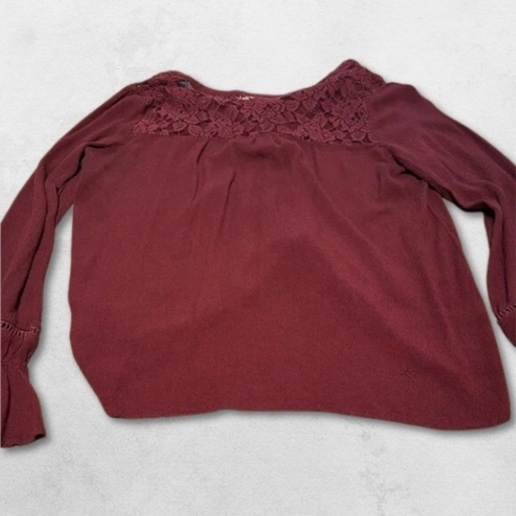 Knox Rose Button Down Blouse Round Neck Tie Front Lace Shoulder Maroon Women's S - Picture 3 of 7